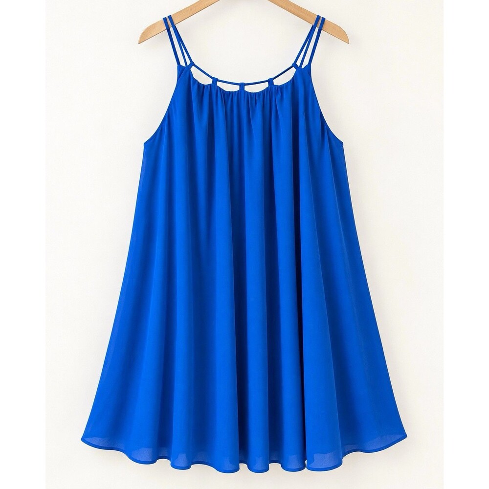 veryJ Blue Solid Chiffon A-Line Short Dress Scoop Neck Strappy Lined M